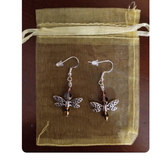 Handmade dragonfly earrings, silver plated hooks. - Picture 1 of 4